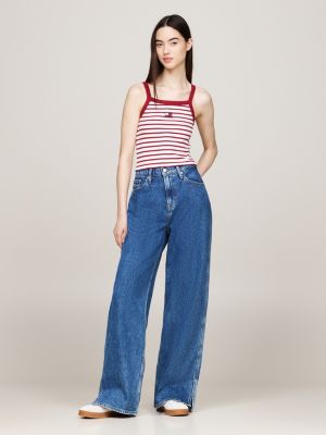 crop top acanalado con parche de tommy roja de mujeres tommy jeans