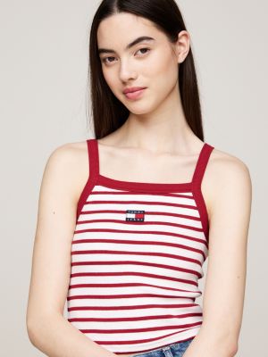 crop top acanalado con parche de tommy roja de mujeres tommy jeans