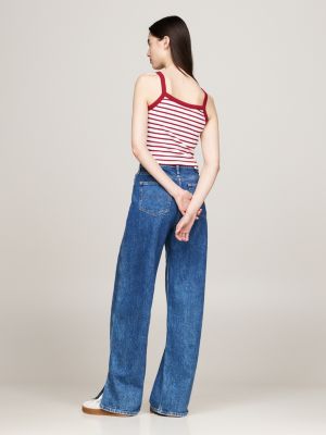 crop top acanalado con parche de tommy roja de mujeres tommy jeans