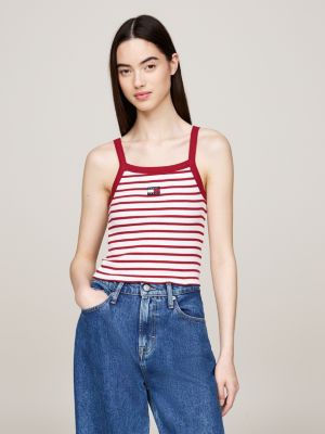 red tommy badge ribbed crop top for women tommy jeans