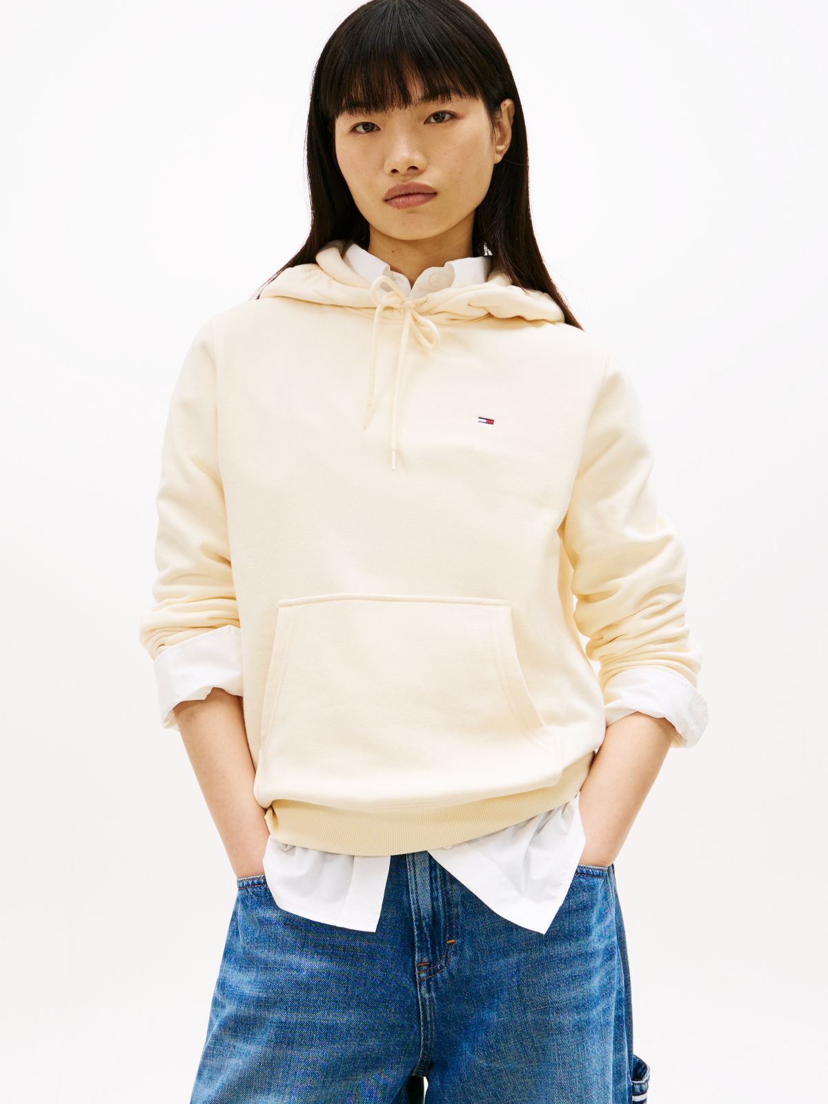 Flag Embroidery Fleece Drawstring Hoody — Beige