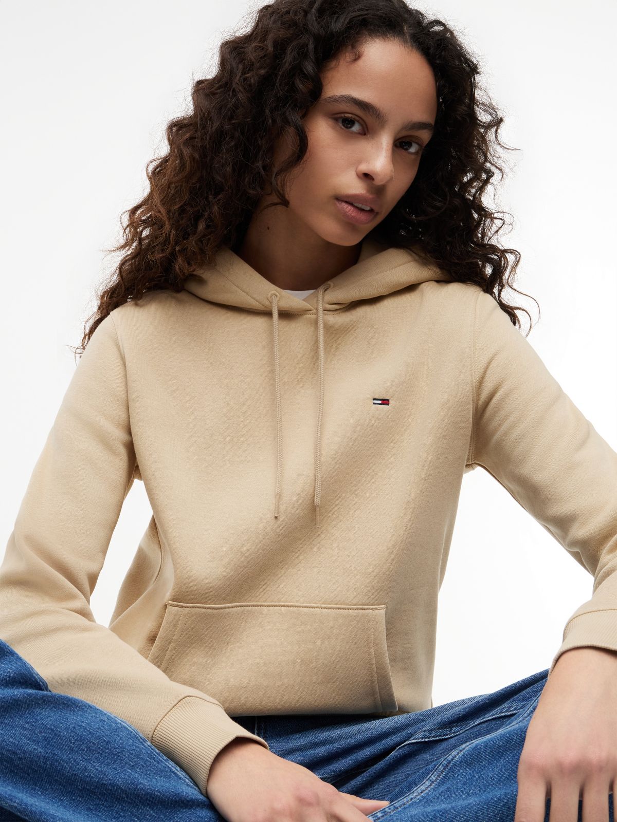 Flag Embroidery Fleece Drawstring Hoody — Beige