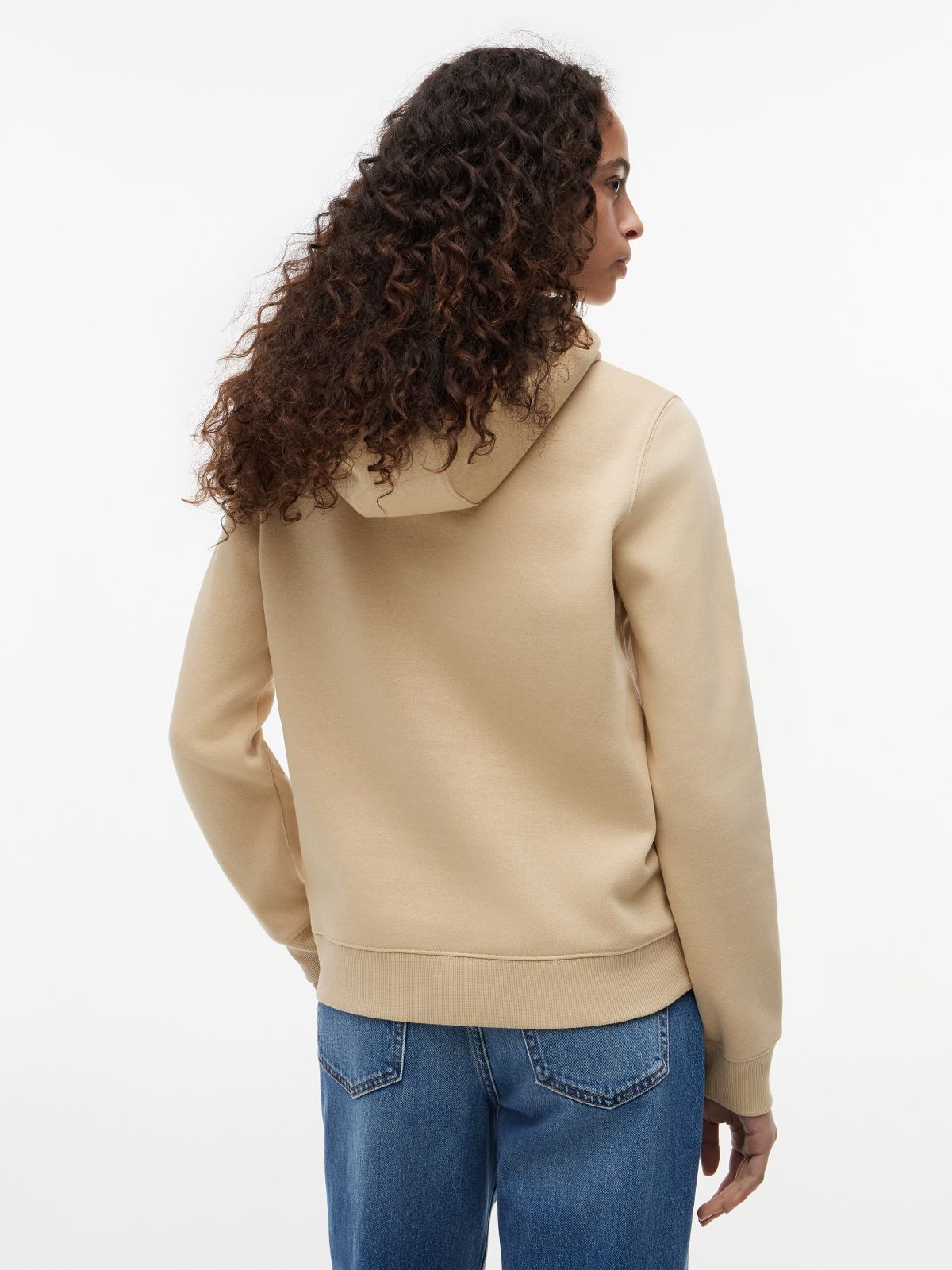 Flag Embroidery Fleece Drawstring Hoody — Beige