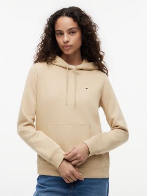 beige fleece-hoodie mit flag-stickerei und tunnelzug für damen - tommy jeans