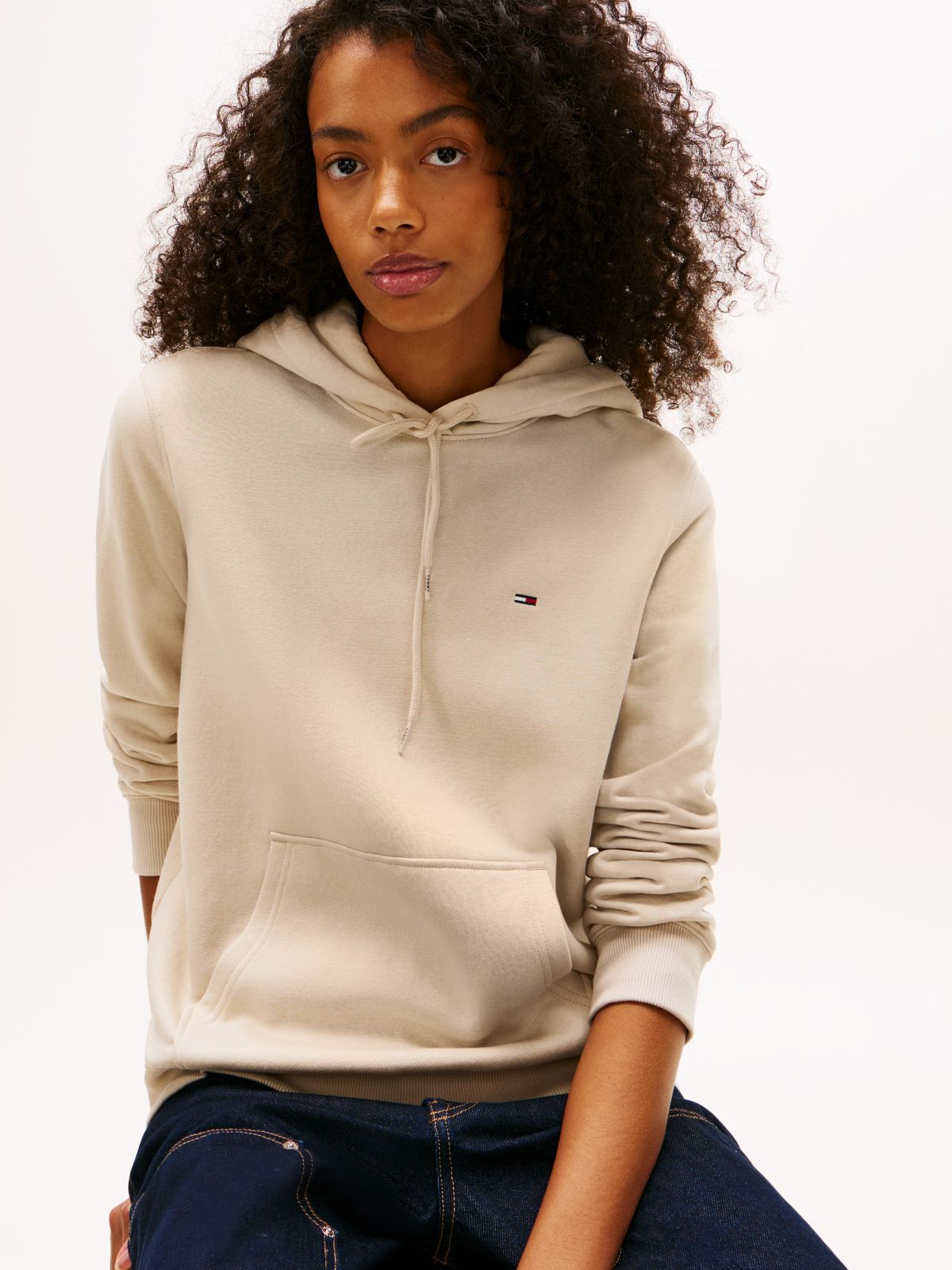 Flag Embroidery Fleece Drawstring Hoody — Beige