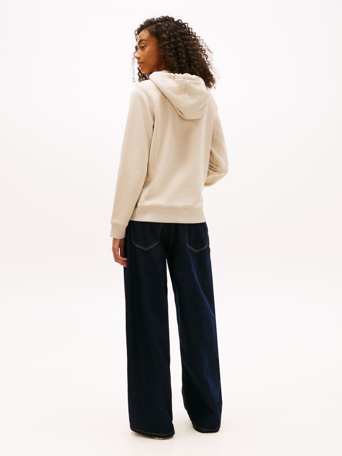 Flag Embroidery Fleece Drawstring Hoody — Beige