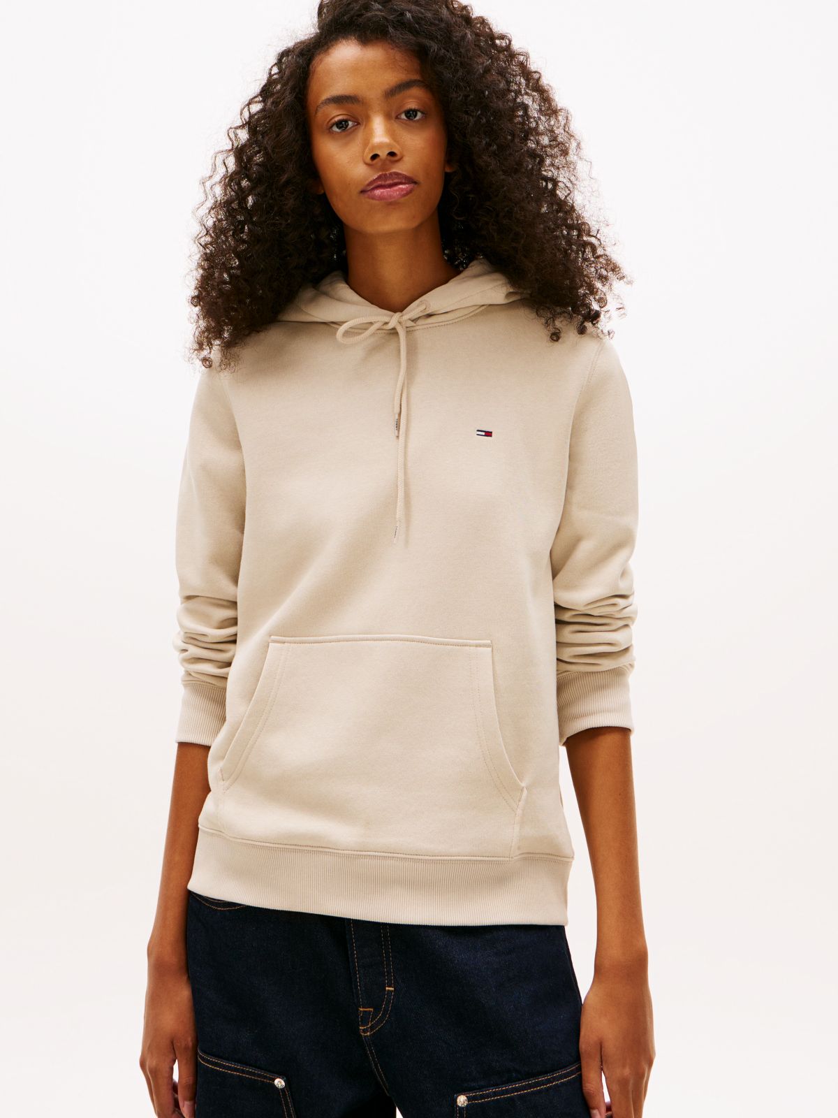Flag Embroidery Fleece Drawstring Hoody — Beige