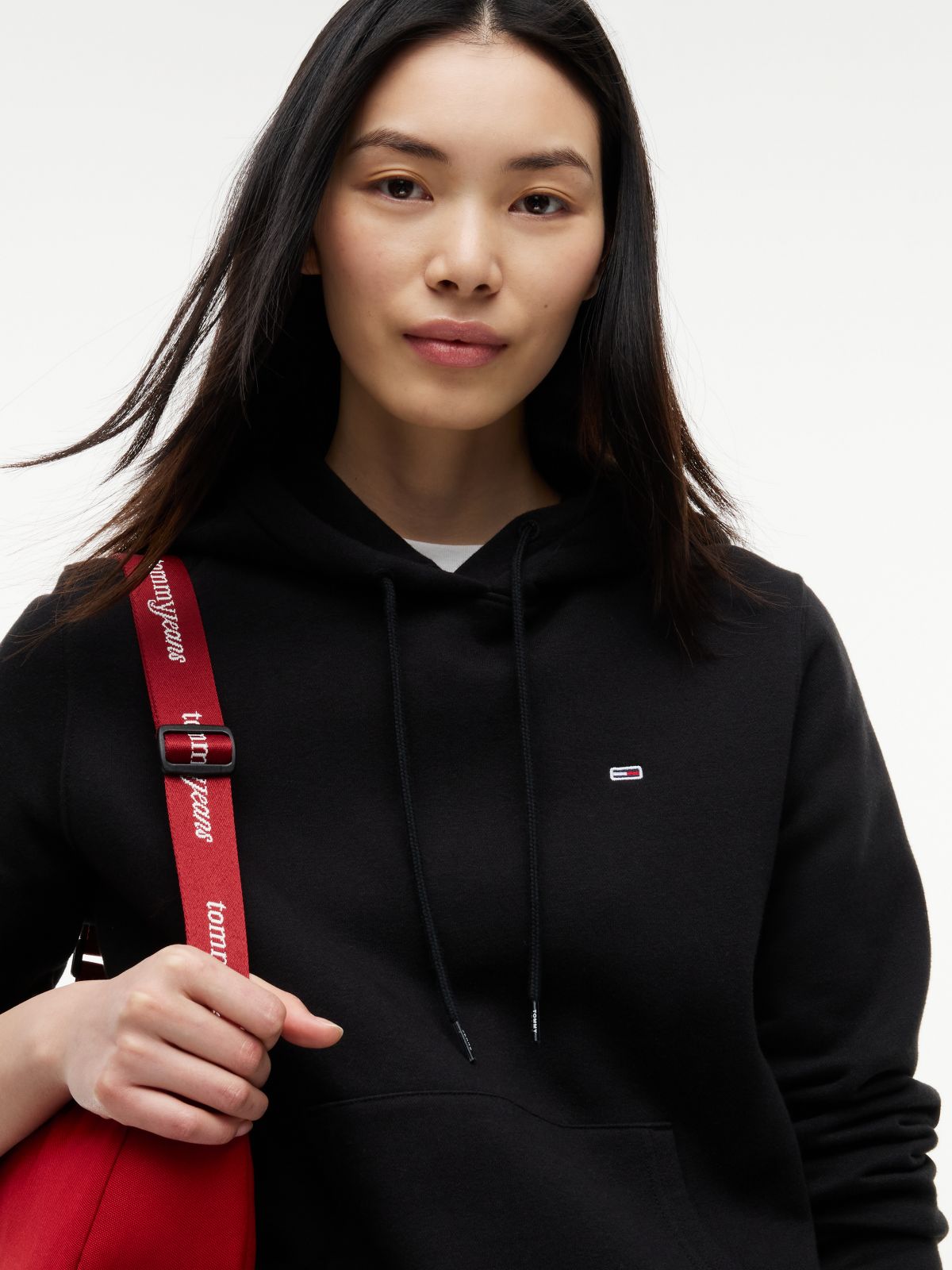 Flag Embroidery Fleece Drawstring Hoody — Black