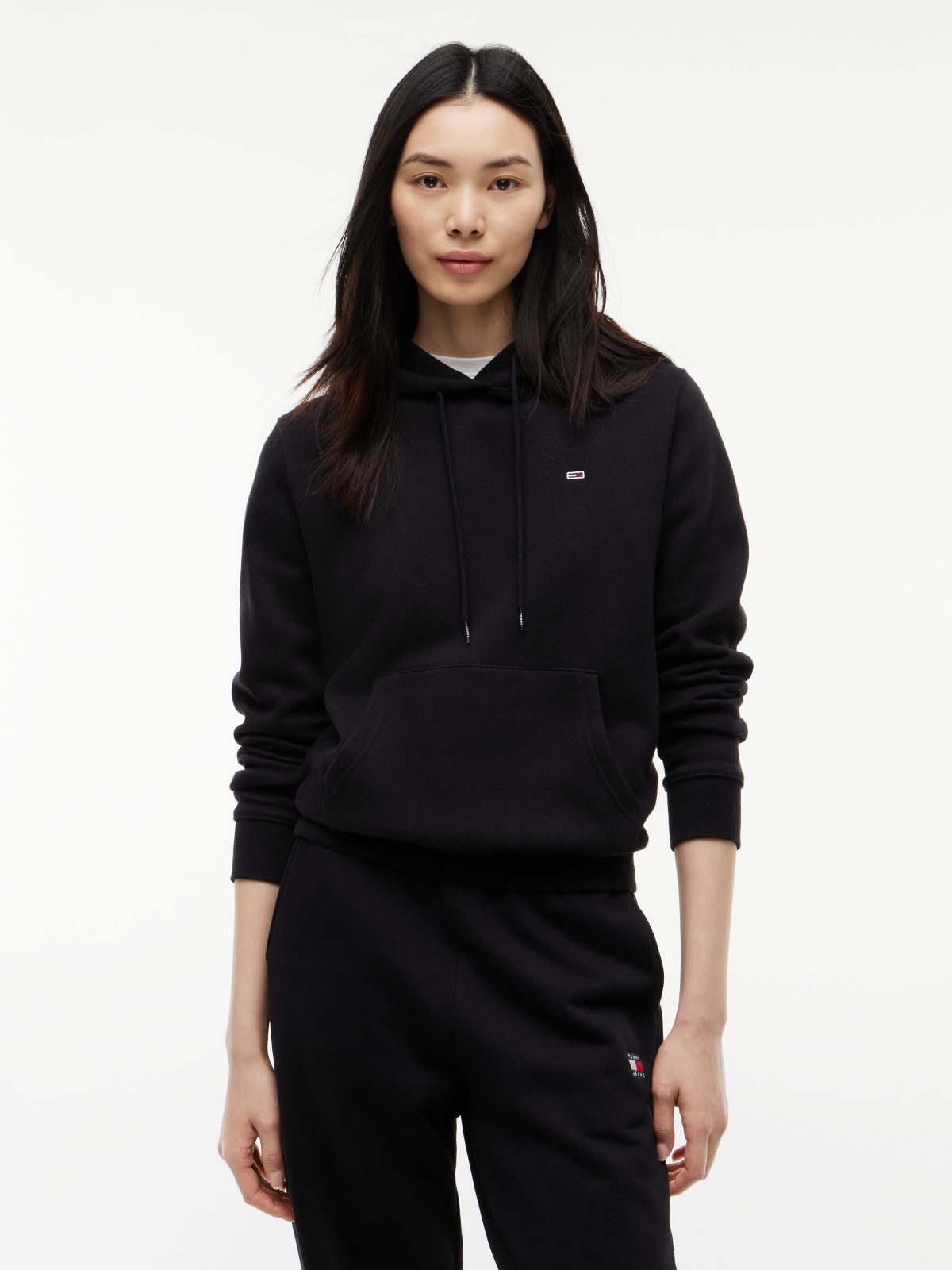 Flag Embroidery Fleece Drawstring Hoody — Black