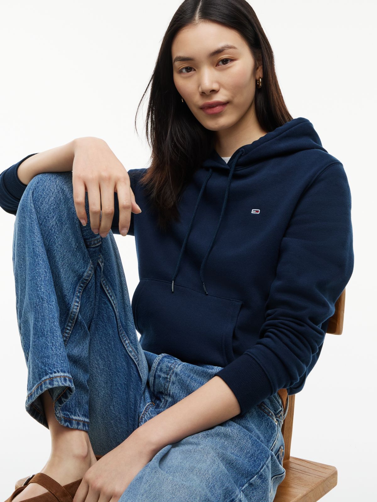 Flag Embroidery Fleece Drawstring Hoody — Blue