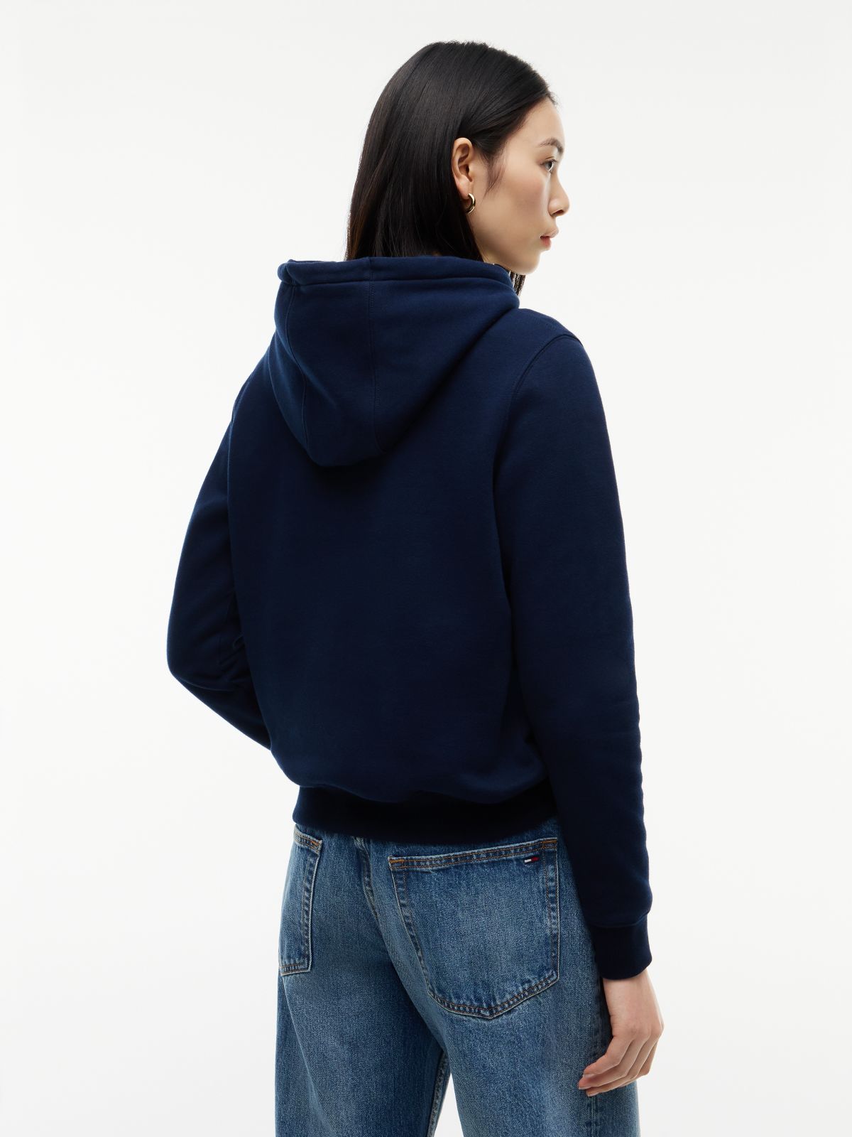Flag Embroidery Fleece Drawstring Hoody — Blue