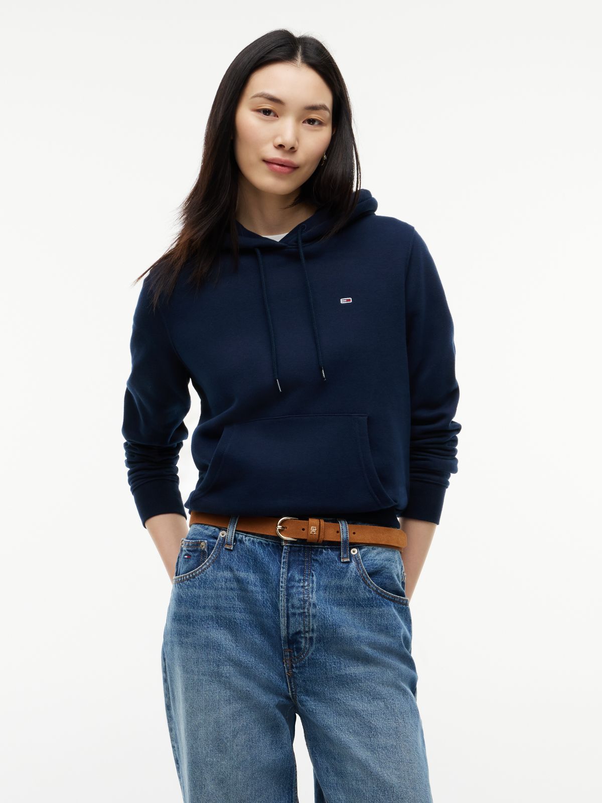 Flag Embroidery Fleece Drawstring Hoody — Blue