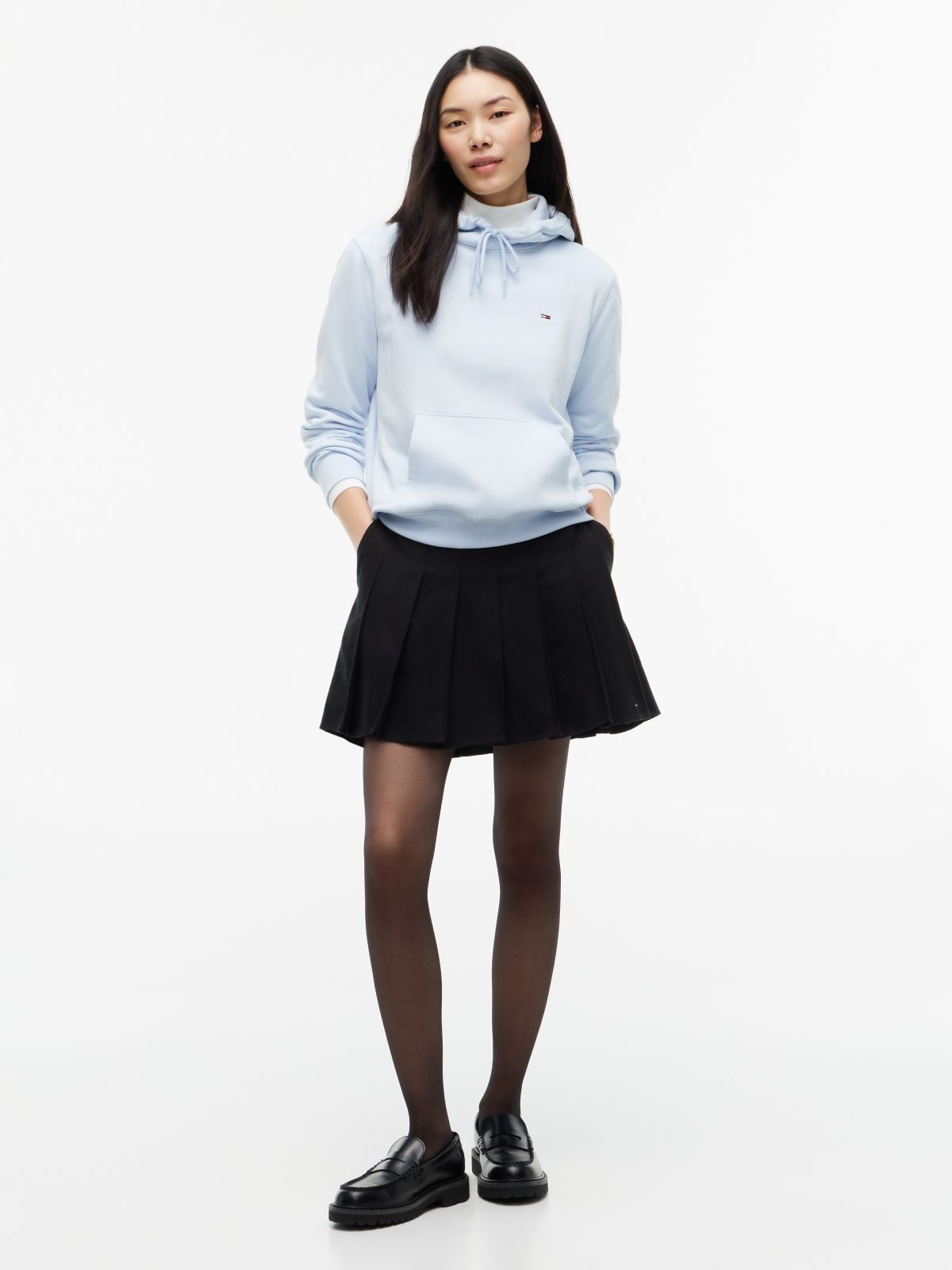 Flag Embroidery Fleece Drawstring Hoody — Blue