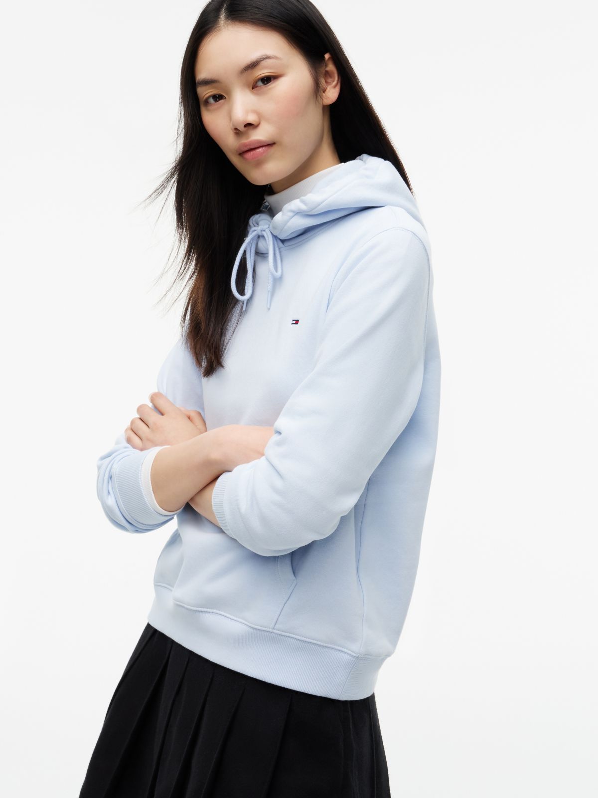 Flag Embroidery Fleece Drawstring Hoody — Blue