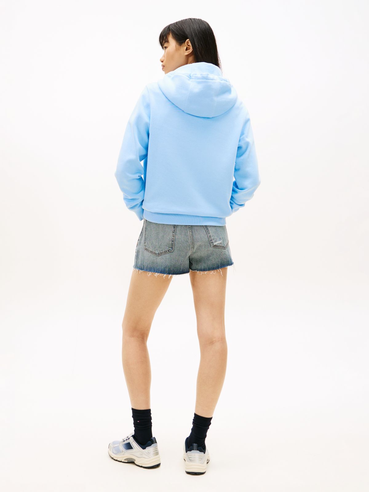 Flag Embroidery Fleece Drawstring Hoody — Blue