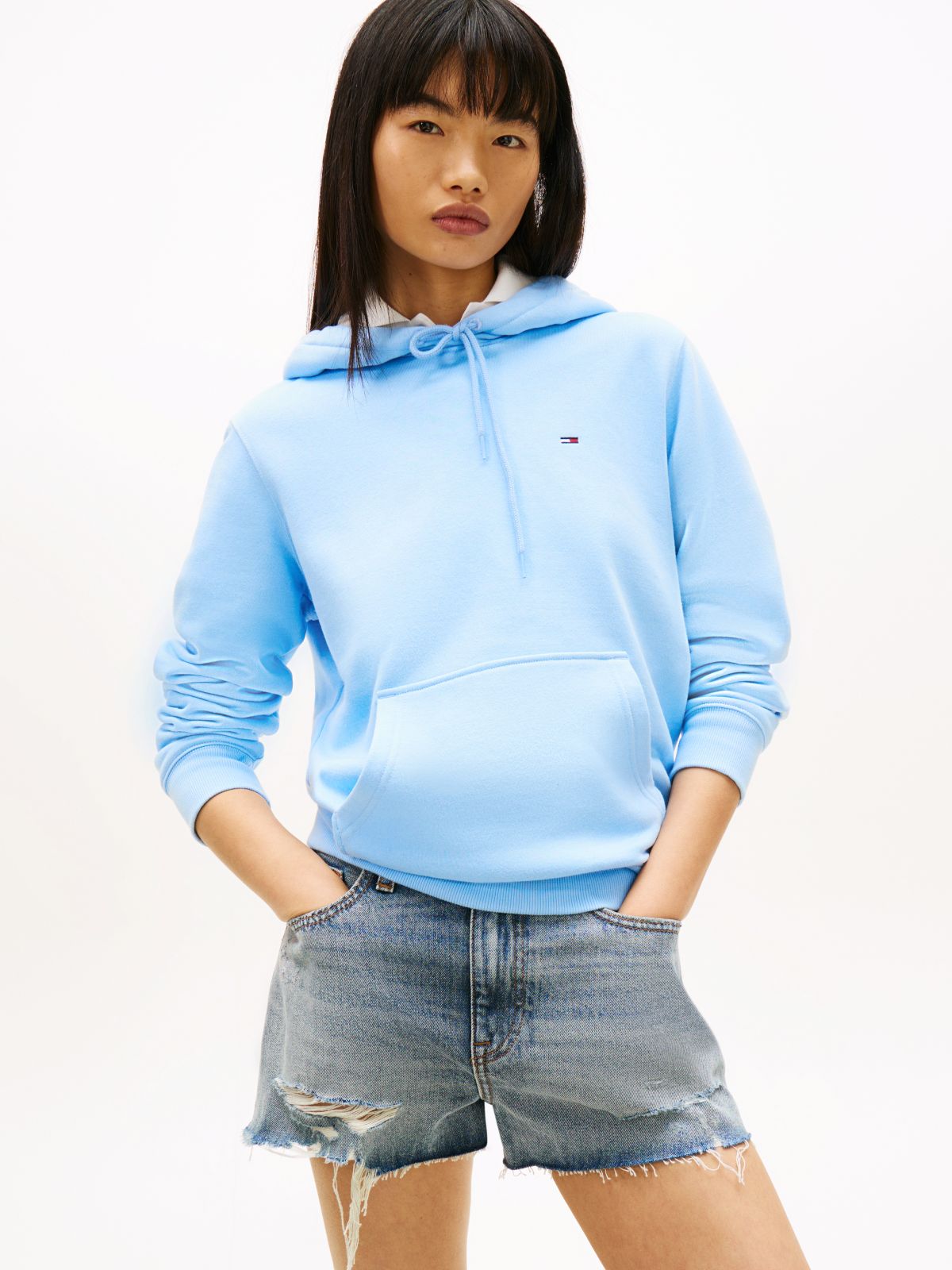 Flag Embroidery Fleece Drawstring Hoody — Blue