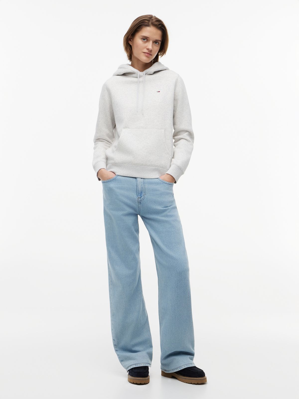 Flag Embroidery Fleece Drawstring Hoody — Grey
