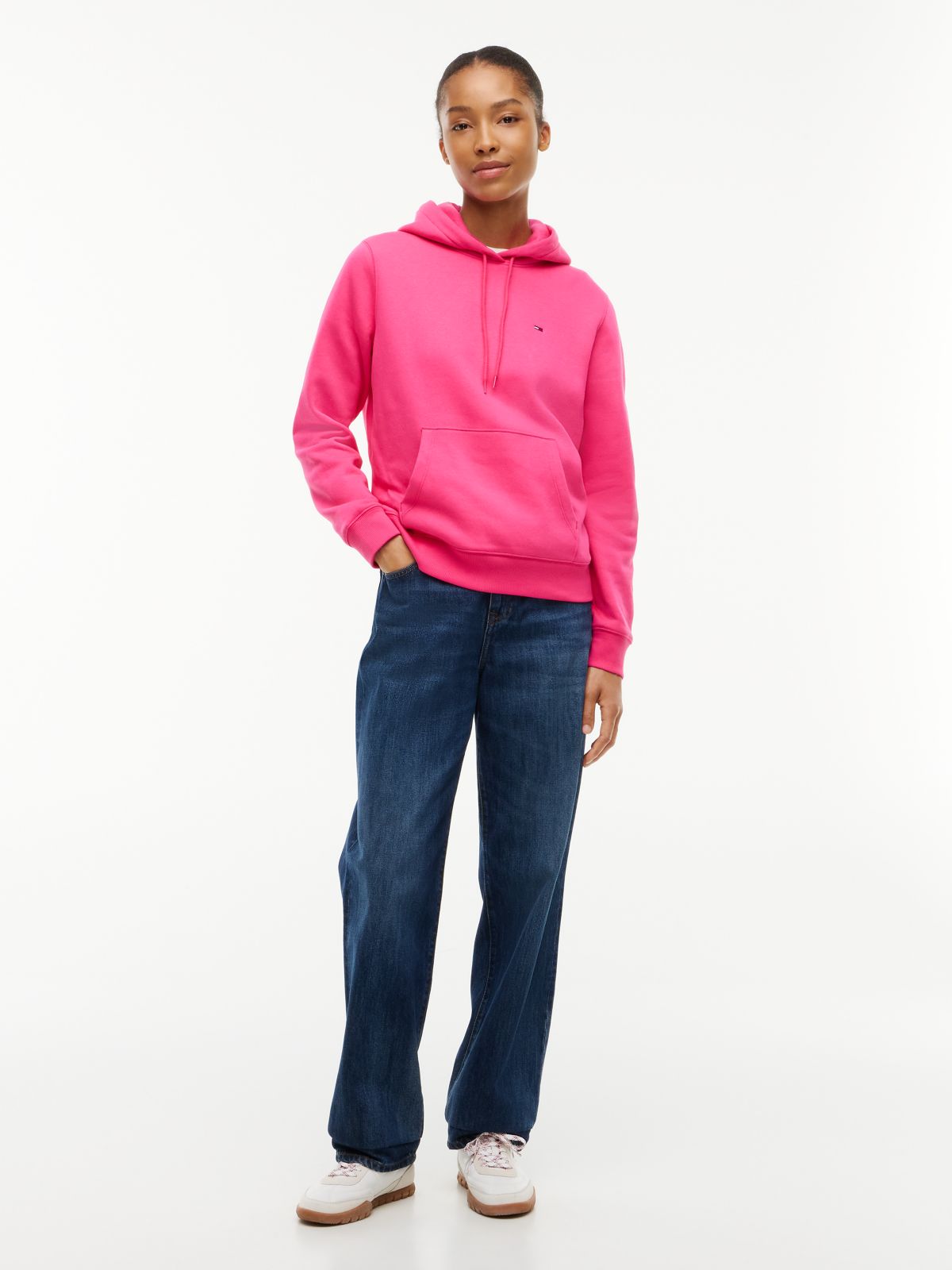Flag Embroidery Fleece Drawstring Hoody — Pink