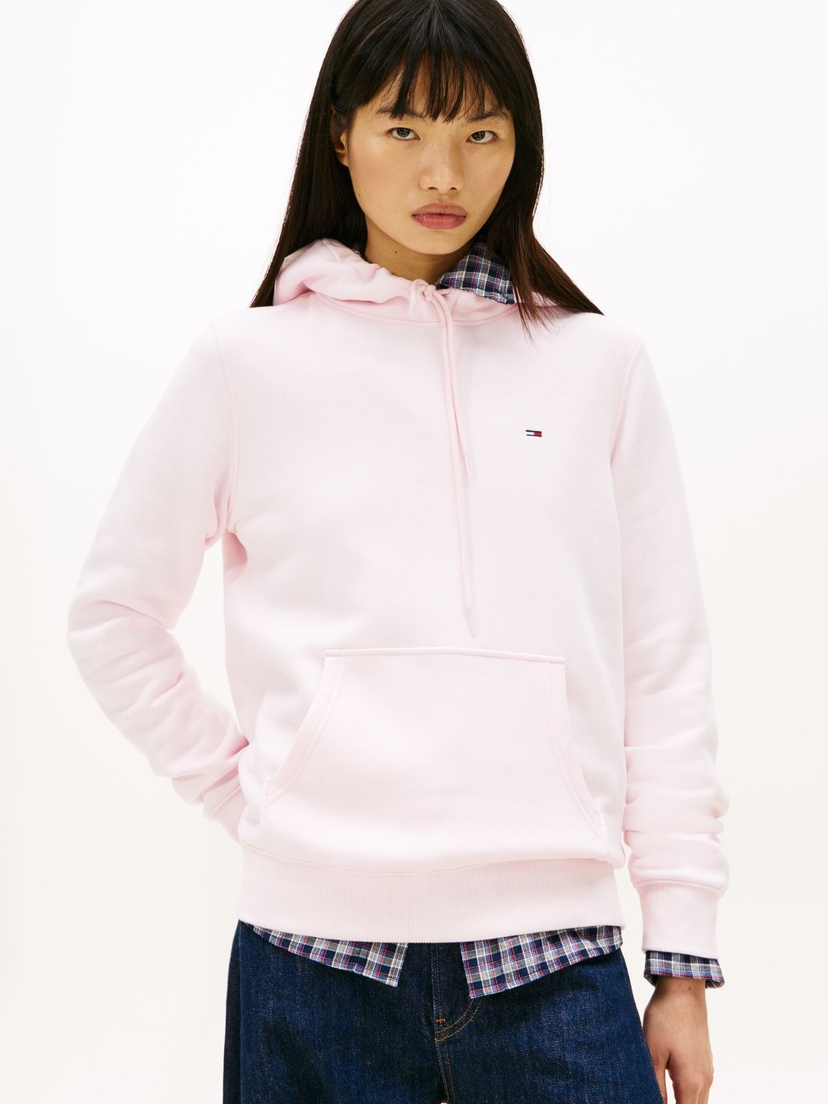 Flag Embroidery Fleece Drawstring Hoody — Pink