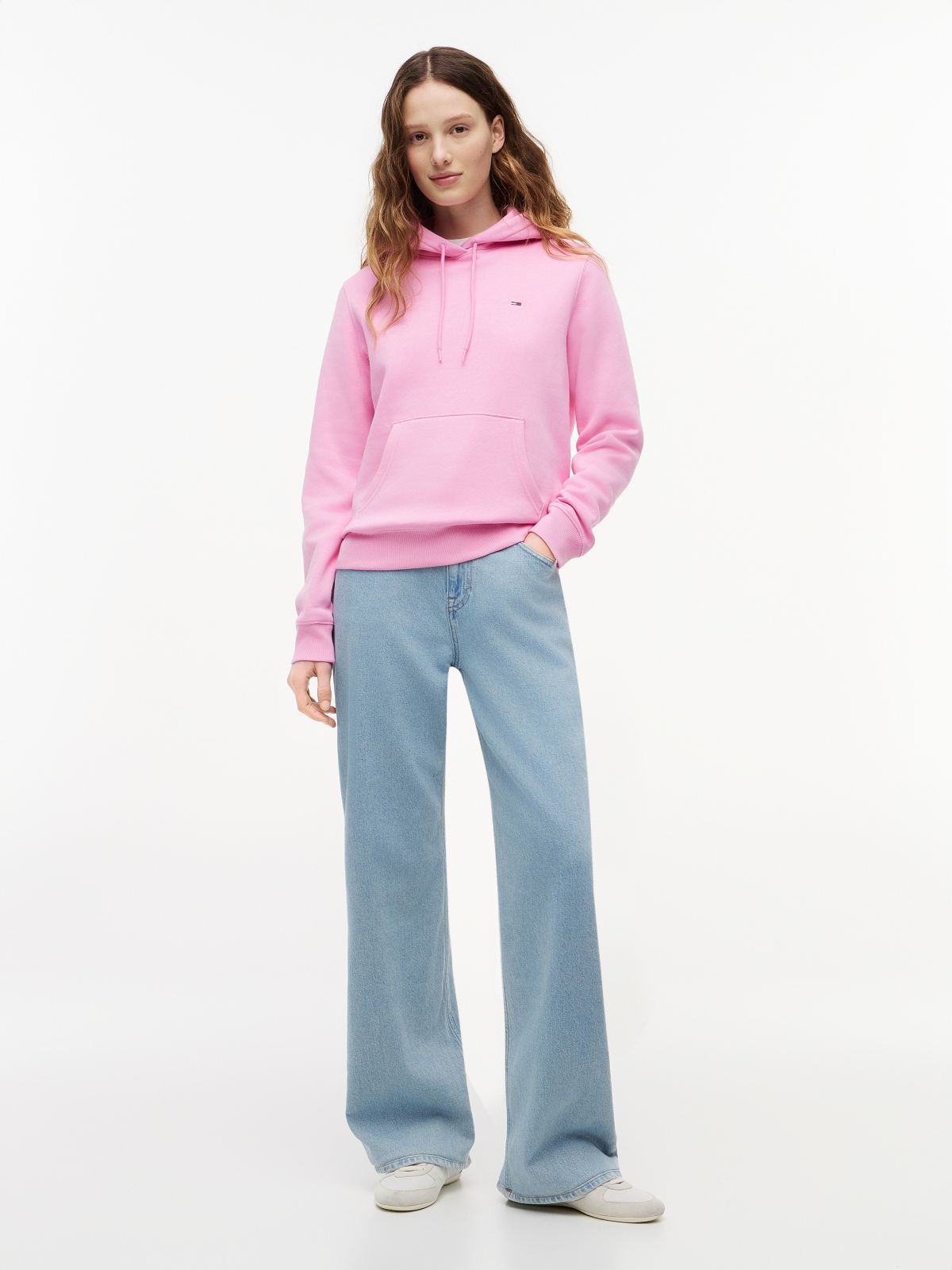 Flag Embroidery Fleece Drawstring Hoody — Pink