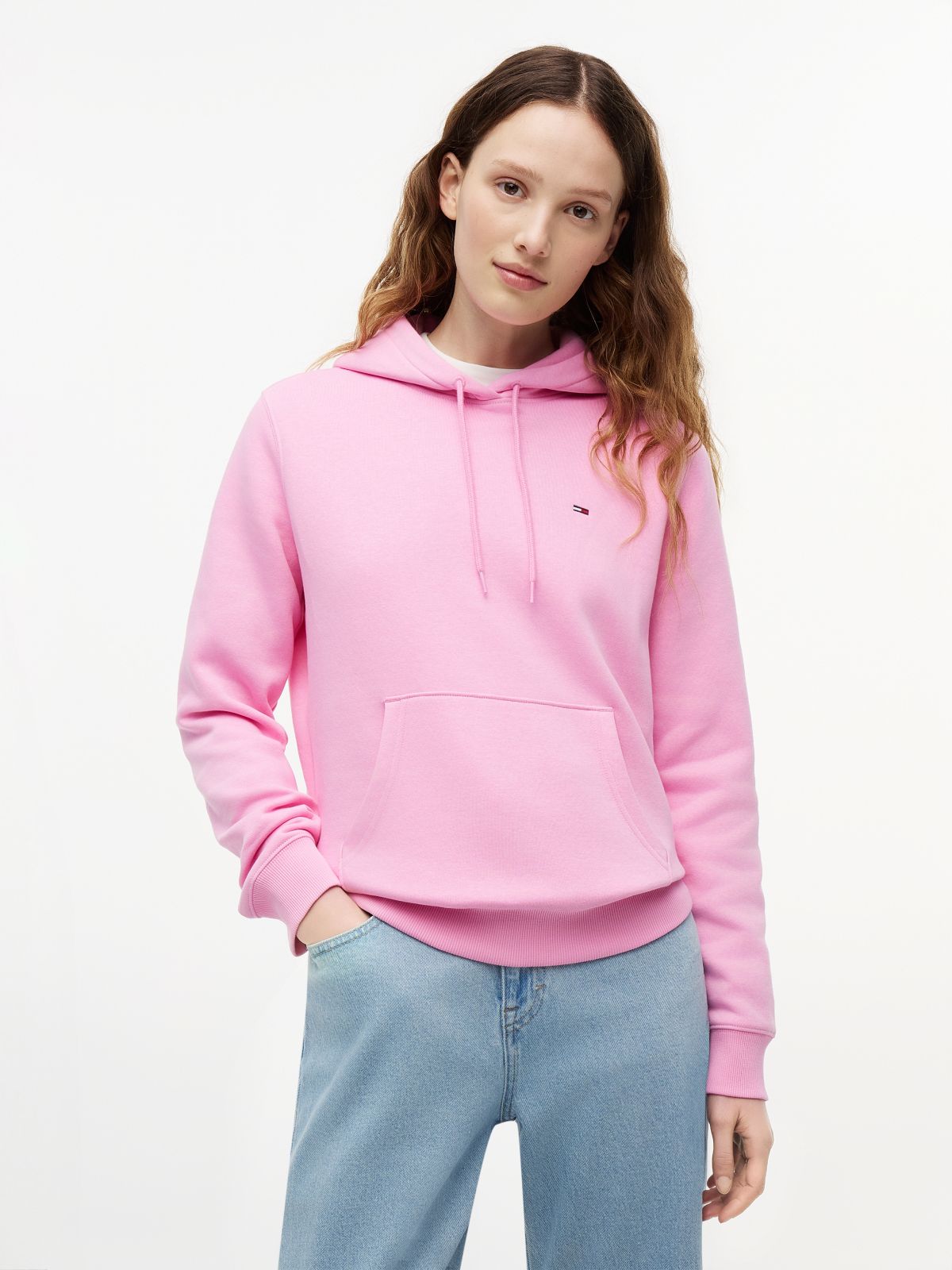Flag Embroidery Fleece Drawstring Hoody — Pink