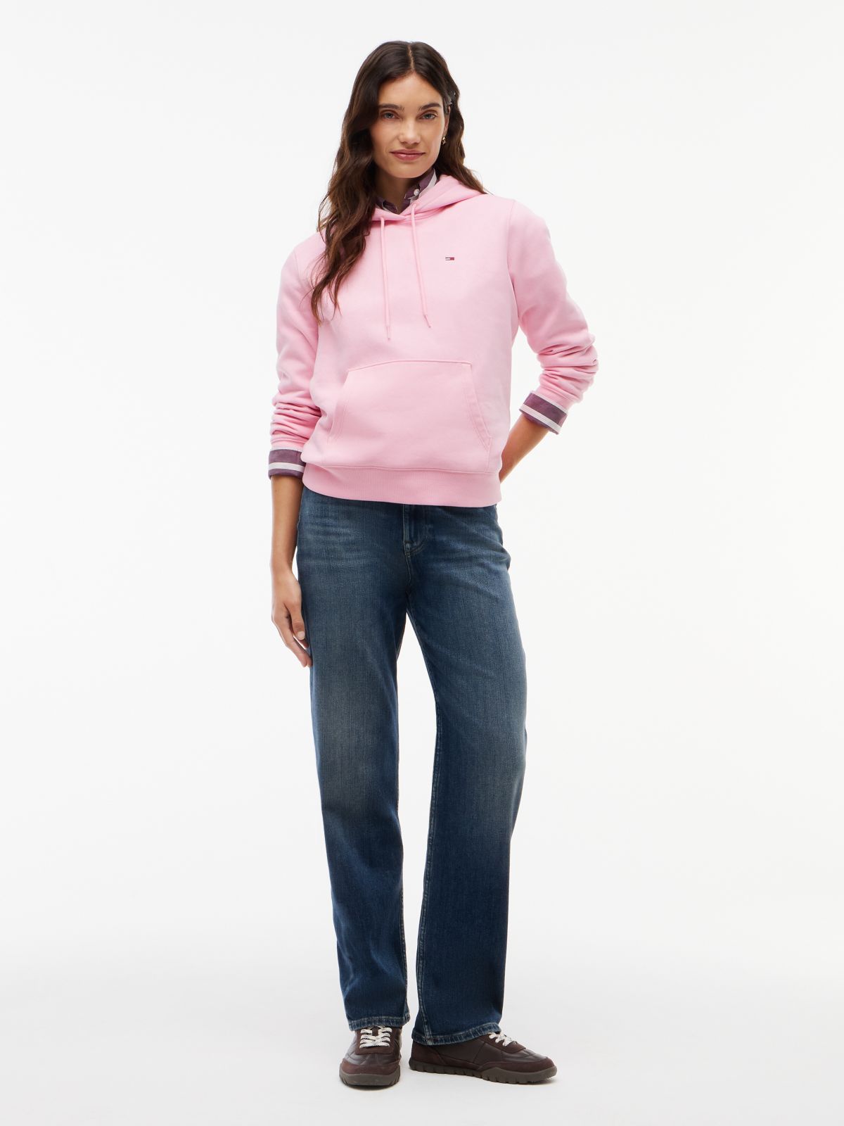 Flag Embroidery Fleece Drawstring Hoody — Pink