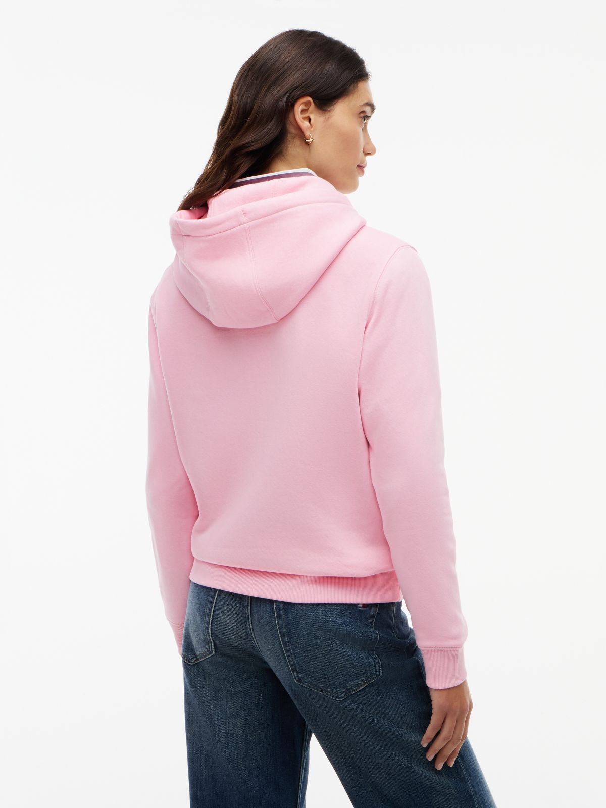 Flag Embroidery Fleece Drawstring Hoody — Pink