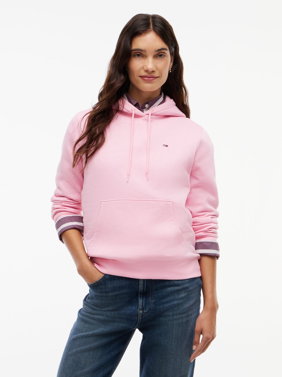 Flag Embroidery Fleece Drawstring Hoody — Pink