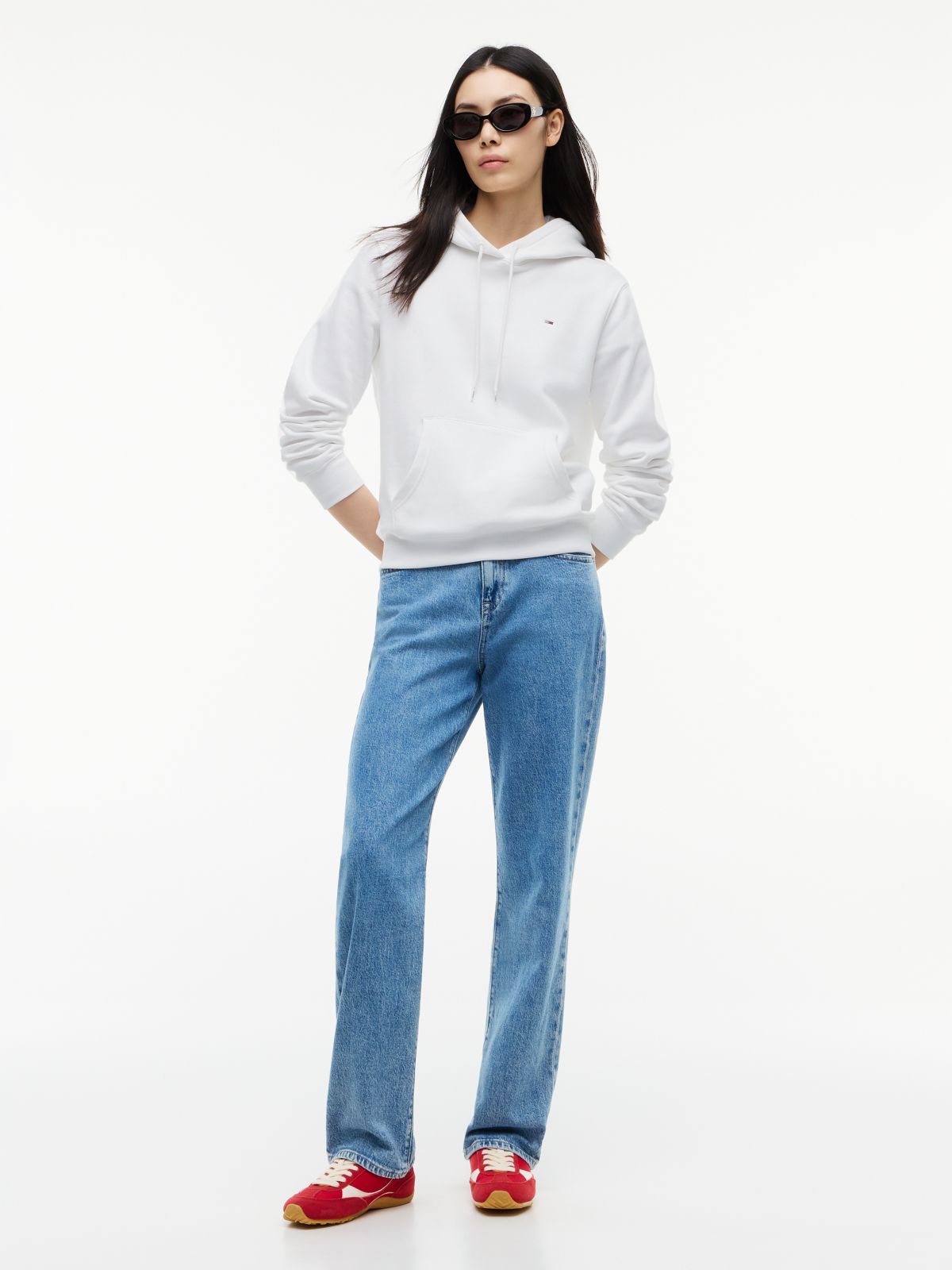 Flag Embroidery Fleece Drawstring Hoody — White