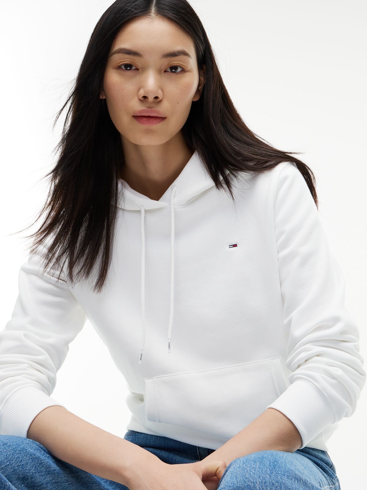 Flag Embroidery Fleece Drawstring Hoody — White