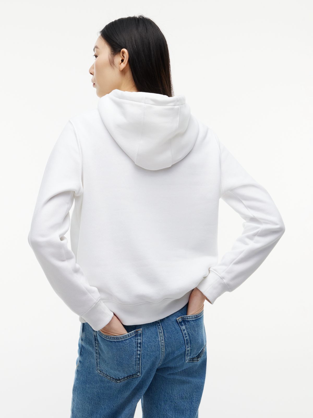Flag Embroidery Fleece Drawstring Hoody — White