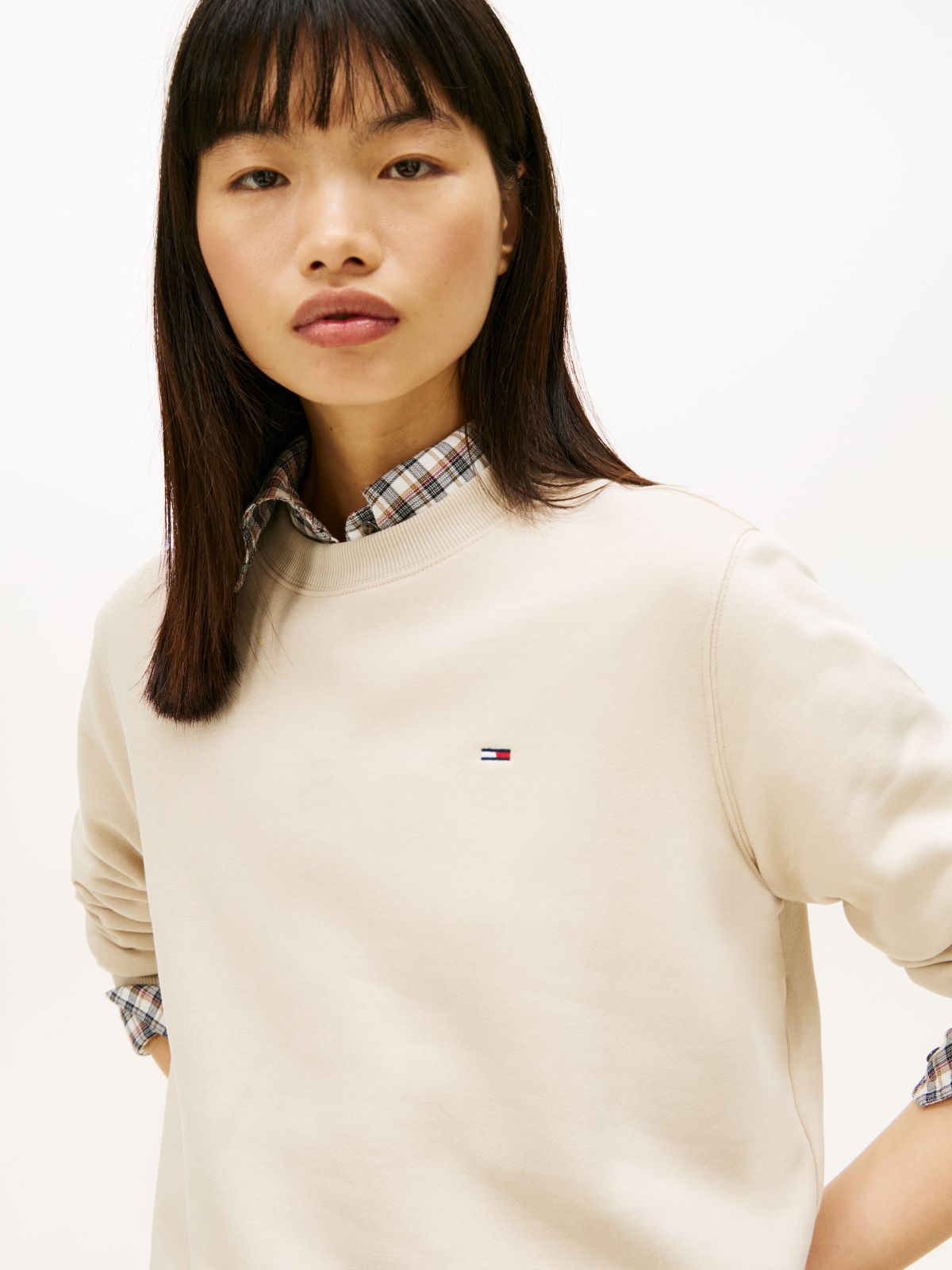 Flag Embroidery Brushed Fleece Sweatshirt — Beige