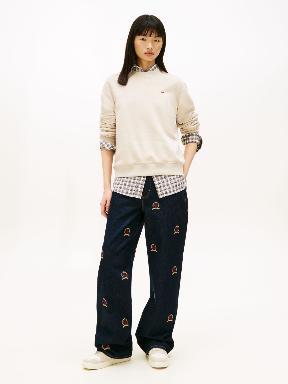 Flag Embroidery Brushed Fleece Sweatshirt — Beige