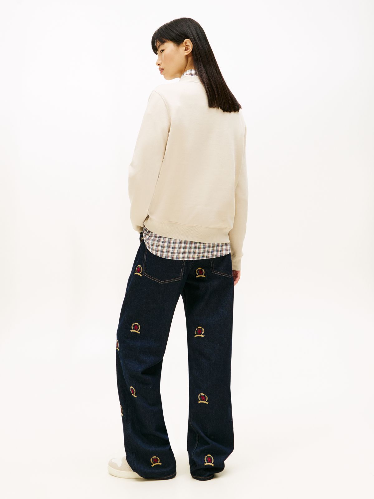 Flag Embroidery Brushed Fleece Sweatshirt — Beige