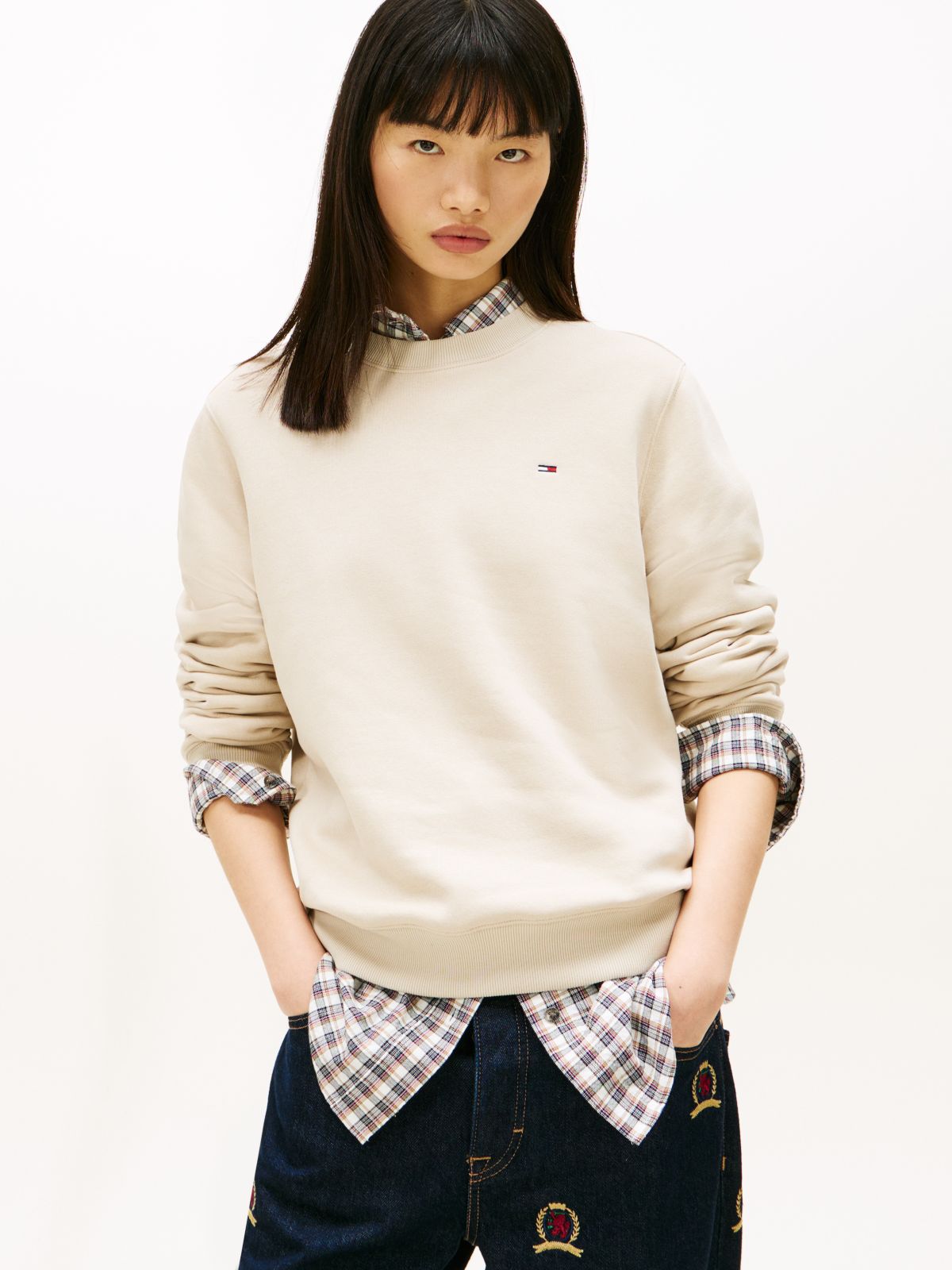Flag Embroidery Brushed Fleece Sweatshirt — Beige