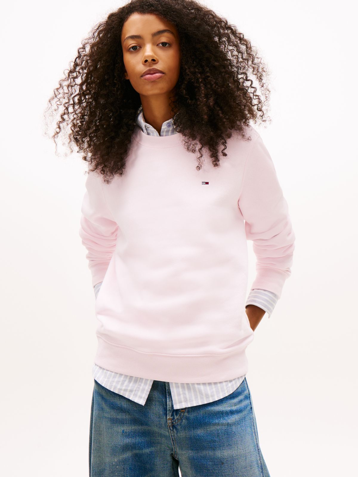 Flag Embroidery Brushed Fleece Sweatshirt — Pink