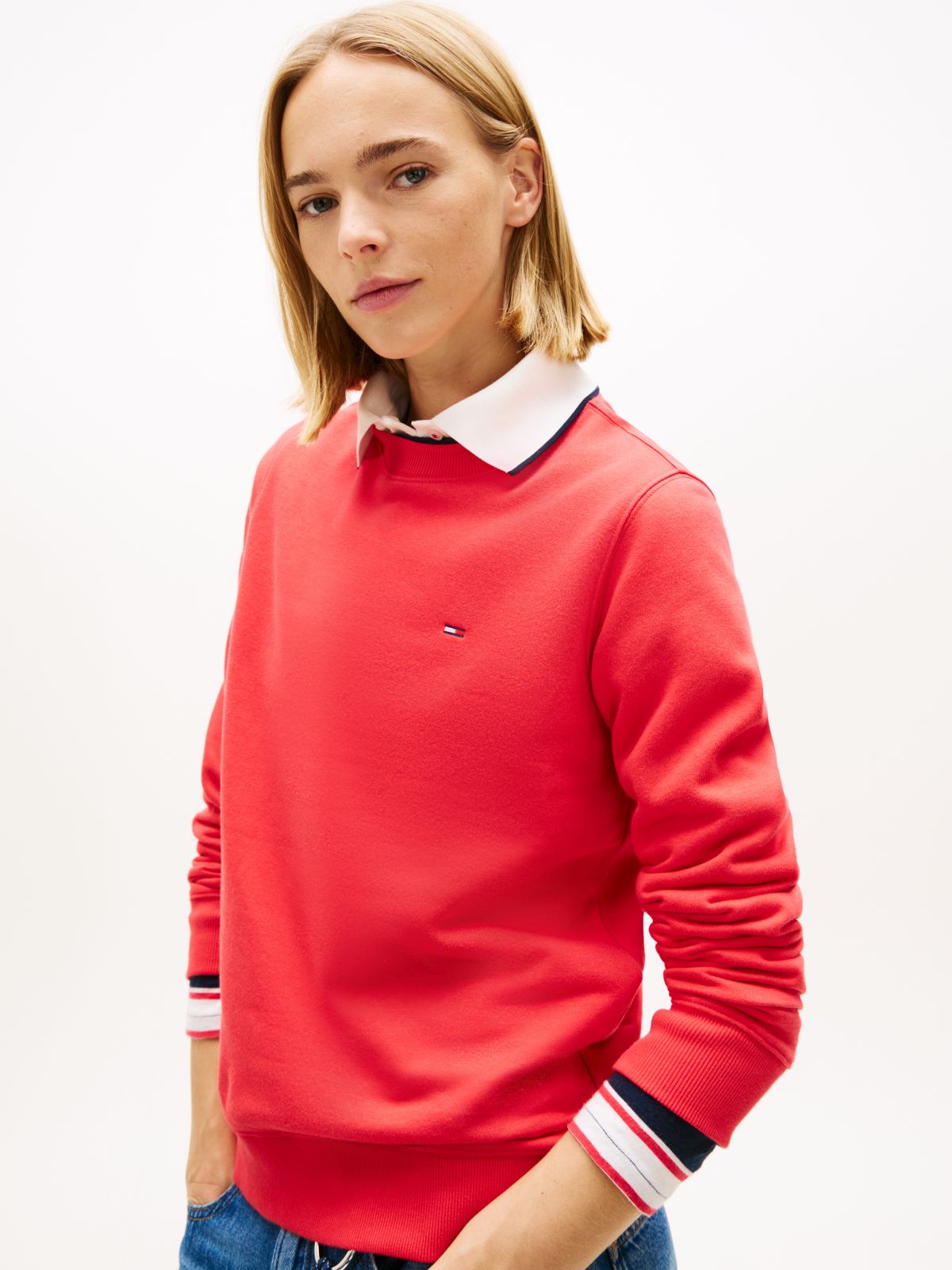 Flag Embroidery Brushed Fleece Sweatshirt — Red