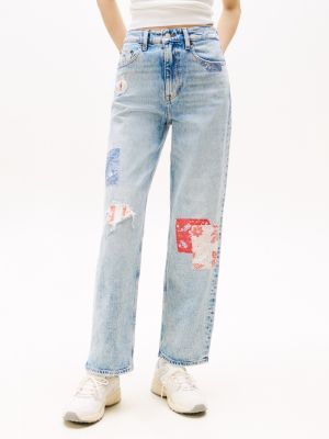 multi patchwork high rise slim straight jeans for women tommy jeans