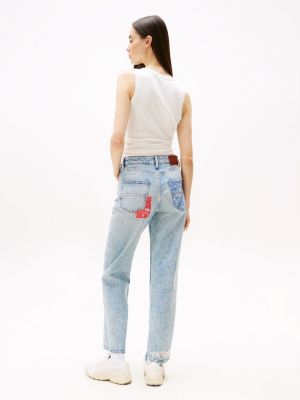 multi patchwork high rise slim straight jeans for women tommy jeans