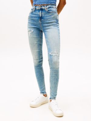 jean skinny nora taille mi-haute usé bleu pour femmes tommy jeans