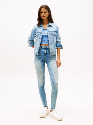 jeans nora skinny fit a vita media con dettagli distressed blue da donne tommy jeans