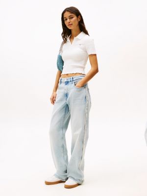 blue mia mid rise relaxed straight fringe jeans for women tommy jeans