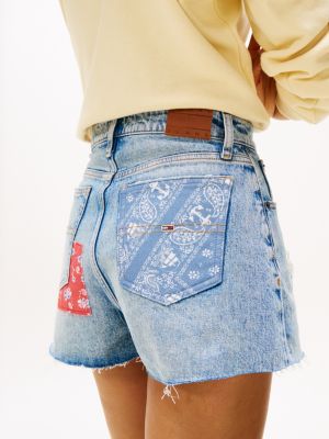 blauw slim denim short met patchwork voor dames - tommy jeans