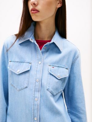 robe chemise courte en denim bleu pour femmes tommy jeans