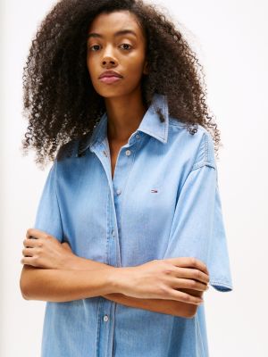 robe chemise courte en denim manches courtes bleu pour femmes tommy jeans