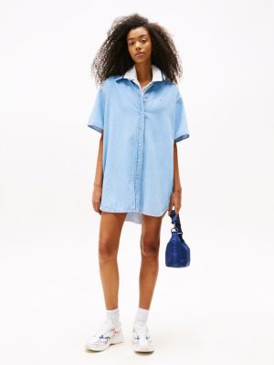 blue mini denim short sleeve shirt dress for women tommy jeans