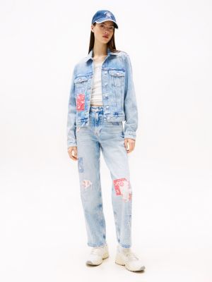 blau regular fit trucker-jeansjacke mit patchwork für damen - tommy jeans