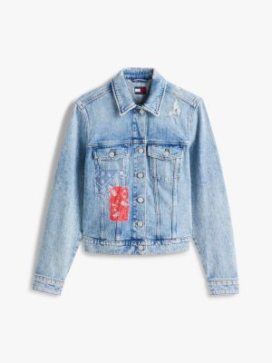 blauw regular fit denim truckerjack met patchwork voor dames - tommy jeans