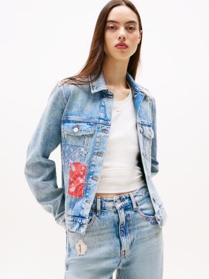 veste trucker coupe standard en denim bleu pour femmes tommy jeans