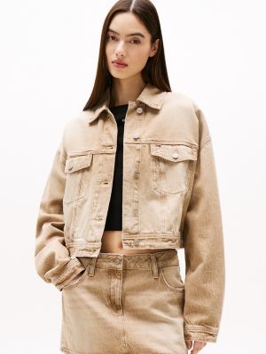 brown cropped denim trucker jacket for women tommy jeans